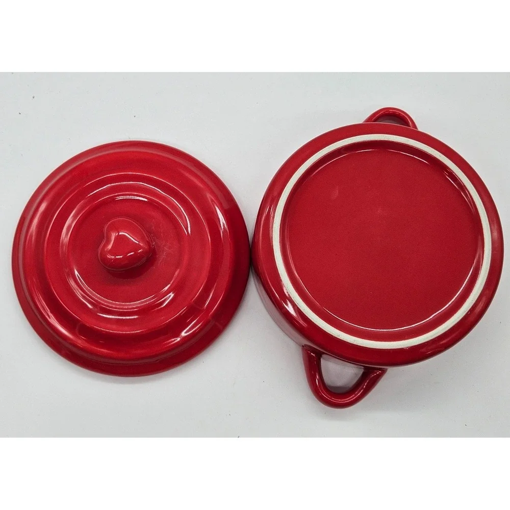 Red Ceramic Mini Cocotte with Heart Lid Knob and Bamboo Spreader Set